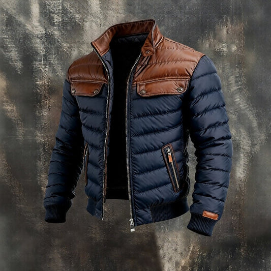 Color Block Cotton Jacket With Zipper For Middle Aged Adults Warm Cozy Relaxed Fit Lining Cotton Fleece - FASHIONS STOP