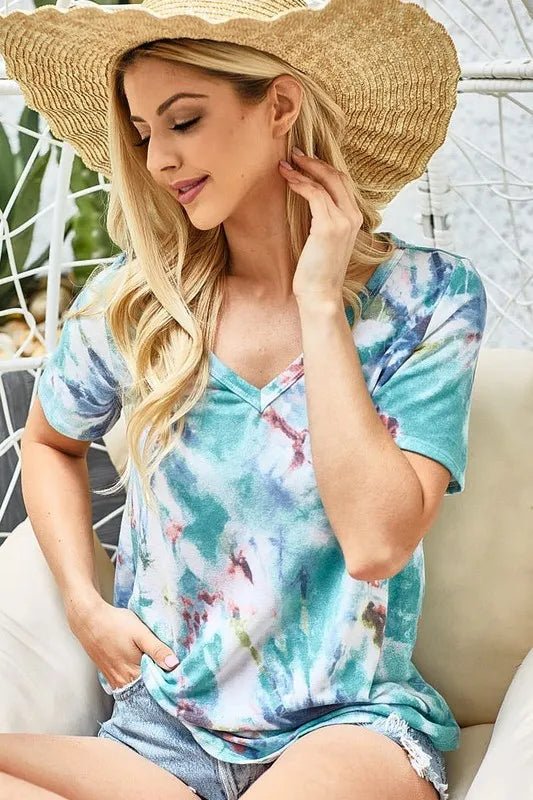 BiBi Tie Dye Terry V Neck Top For Women Soft Cozy Absorbent Terry Cloth Lounge Wear Vibrant Colors - FASHIONS STOP