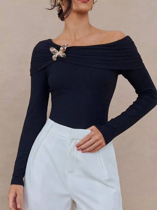 Elegant Off Shoulder Top With Butterfly Detail And Bow Accent For Women Stretchy Polyester Blend - FASHIONS STOP
