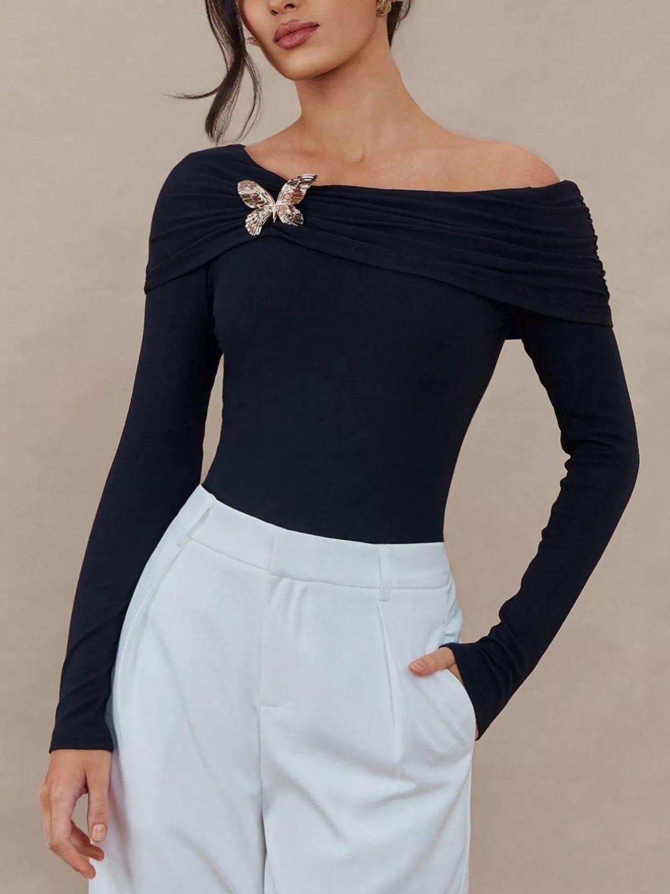 Elegant Off Shoulder Top With Butterfly Detail And Bow Accent For Women Stretchy Polyester Blend - FASHIONS STOP