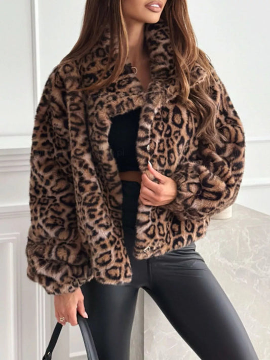 Leopard Faux Fur Cropped Jacket For Women Chic Warm Layer Easy Care Polyester Everyday Style - FASHIONS STOP