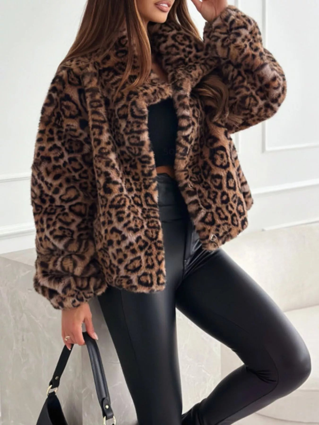 Leopard Faux Fur Cropped Jacket For Women Chic Warm Layer Easy Care Polyester Everyday Style - FASHIONS STOP