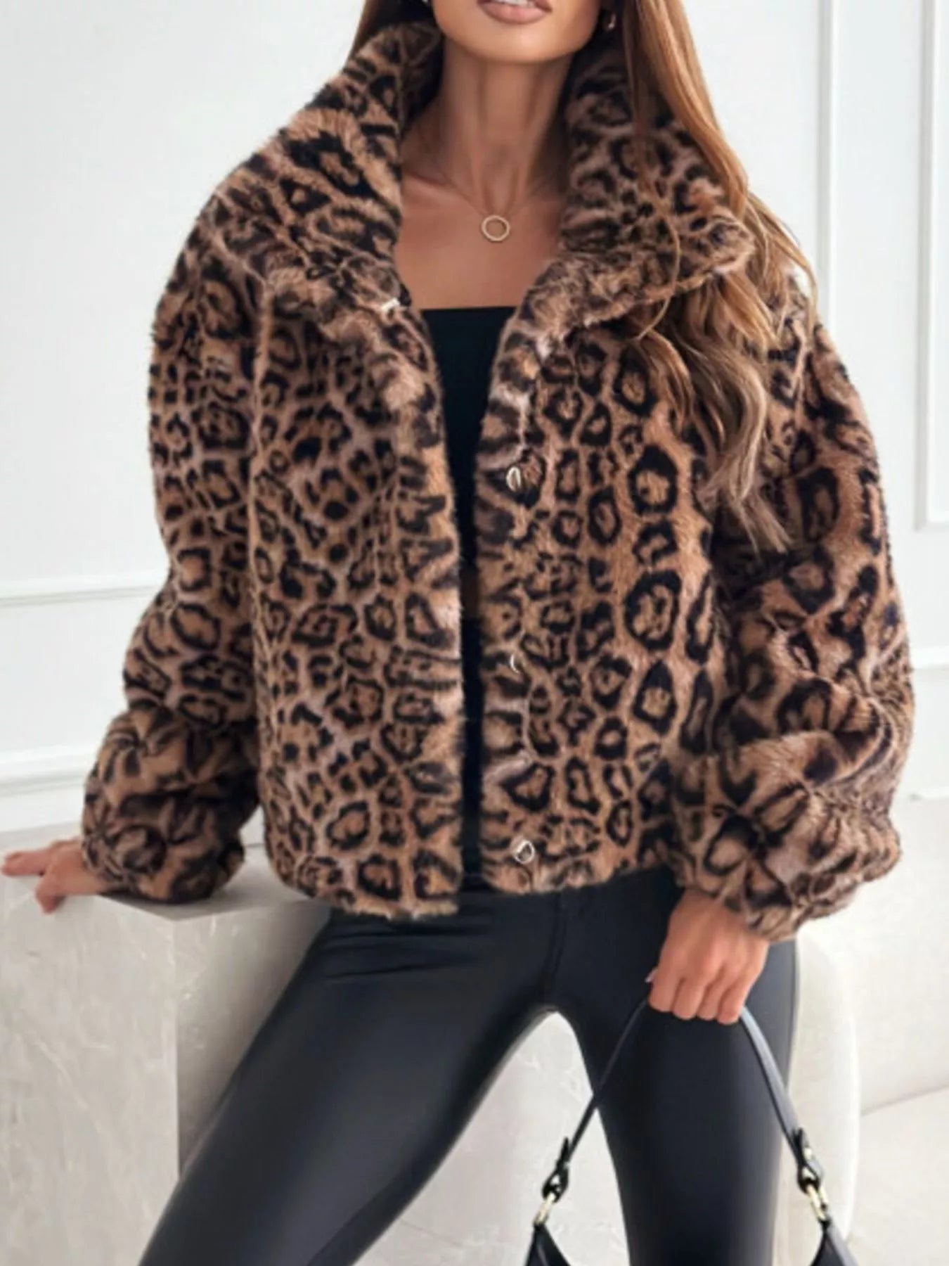 Leopard Faux Fur Cropped Jacket For Women Chic Warm Layer Easy Care Polyester Everyday Style - FASHIONS STOP