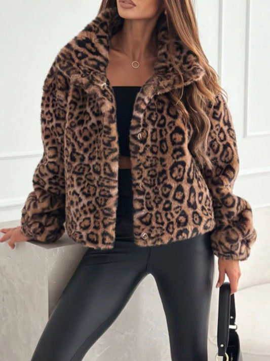 Leopard Faux Fur Cropped Jacket For Women Chic Warm Layer Easy Care Polyester Everyday Style - FASHIONS STOP