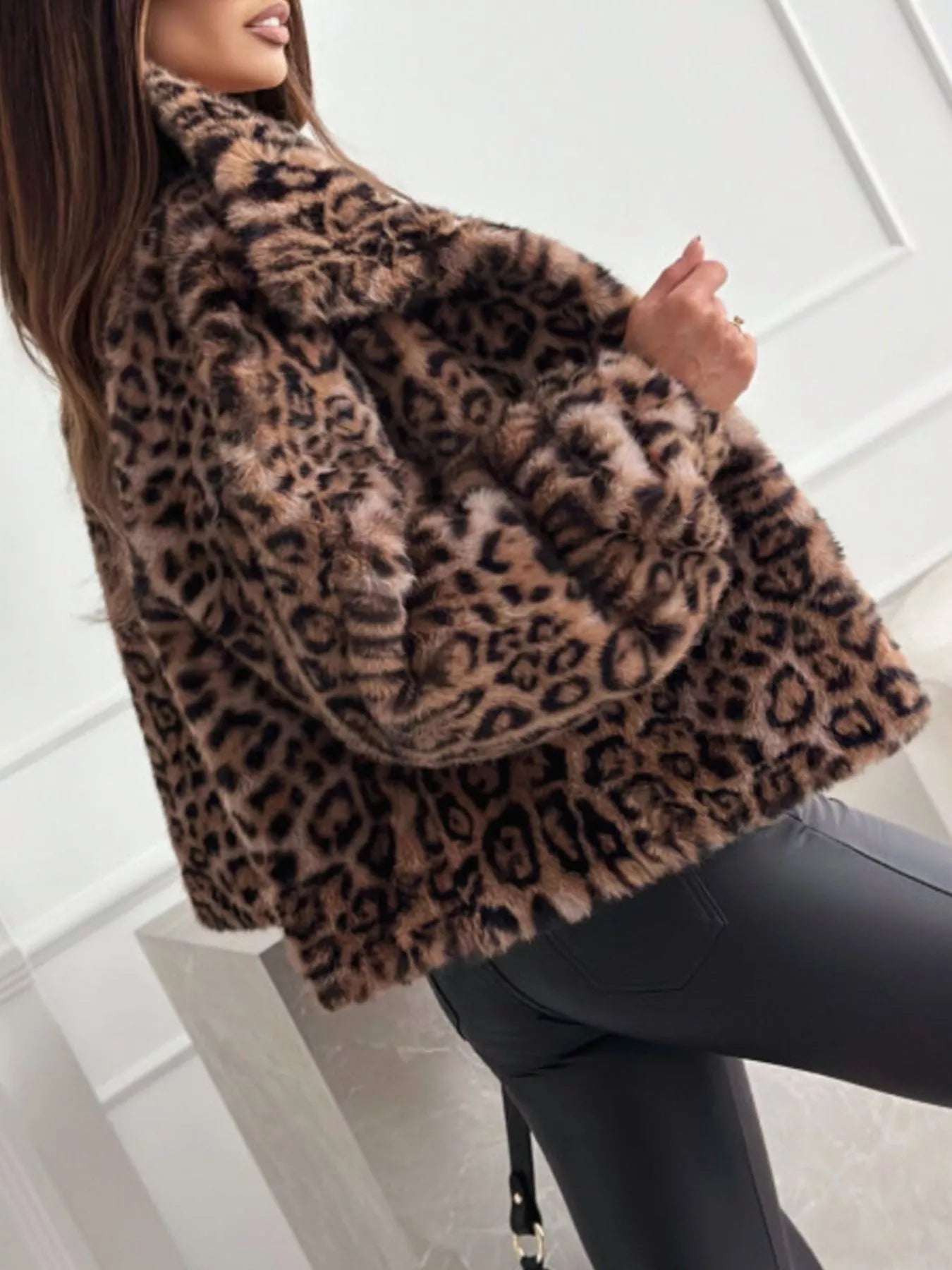 Leopard Faux Fur Cropped Jacket For Women Chic Warm Layer Easy Care Polyester Everyday Style - FASHIONS STOP