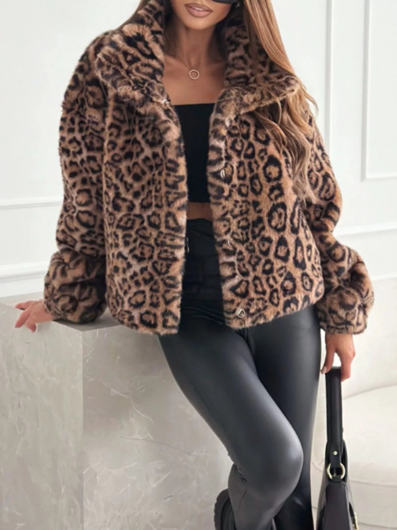 Leopard Faux Fur Cropped Jacket For Women Chic Warm Layer Easy Care Polyester Everyday Style - FASHIONS STOP