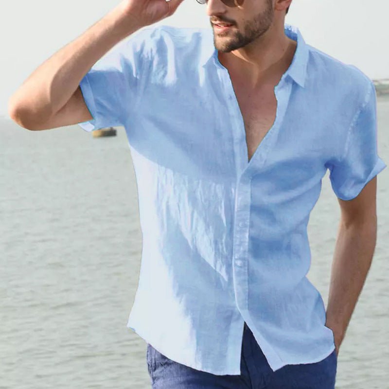 Mens Short Sleeve Casual Shirt With Button Front Lapel Collar Lightweight Polyester Breathable Everyday Wear - FASHIONS STOP