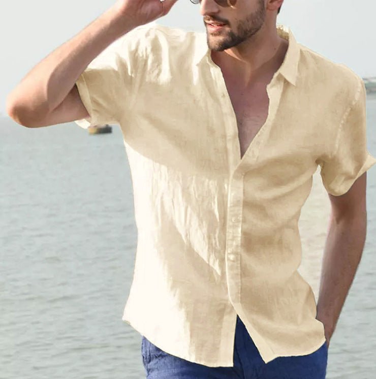 Mens Short Sleeve Casual Shirt With Button Front Lapel Collar Lightweight Polyester Breathable Everyday Wear - FASHIONS STOP