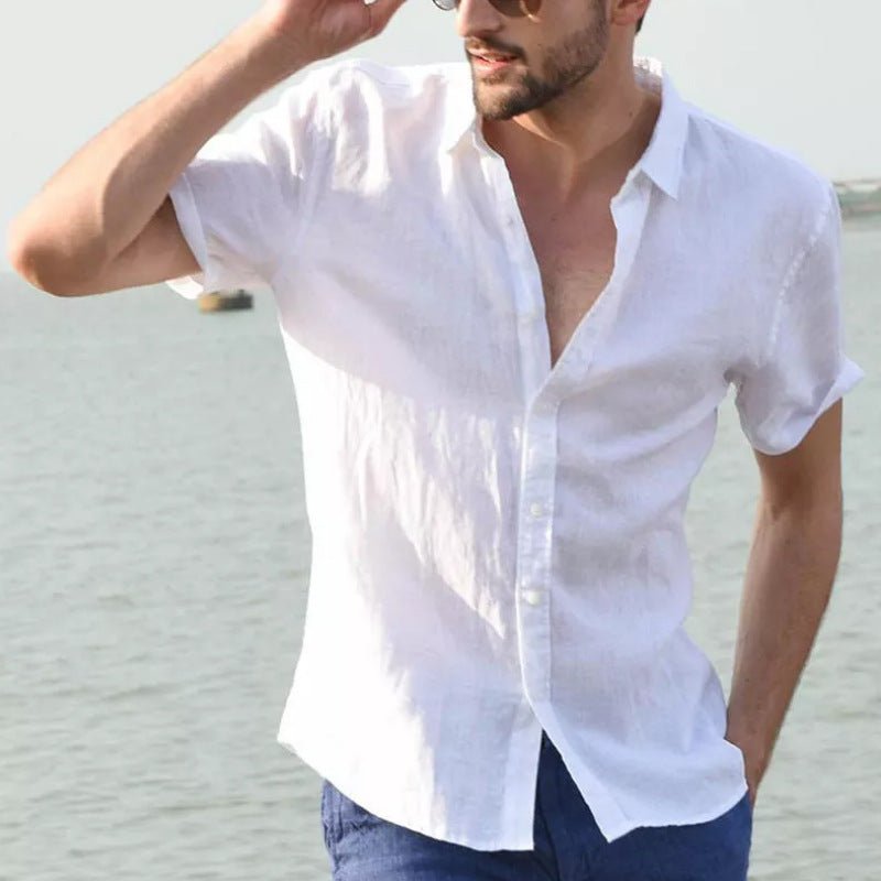 Mens Short Sleeve Casual Shirt With Button Front Lapel Collar Lightweight Polyester Breathable Everyday Wear - FASHIONS STOP