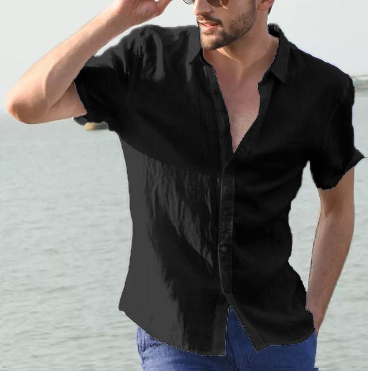 Mens Short Sleeve Casual Shirt With Button Front Lapel Collar Lightweight Polyester Breathable Everyday Wear - FASHIONS STOP