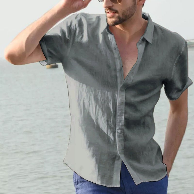 Mens Short Sleeve Casual Shirt With Button Front Lapel Collar Lightweight Polyester Breathable Everyday Wear - FASHIONS STOP