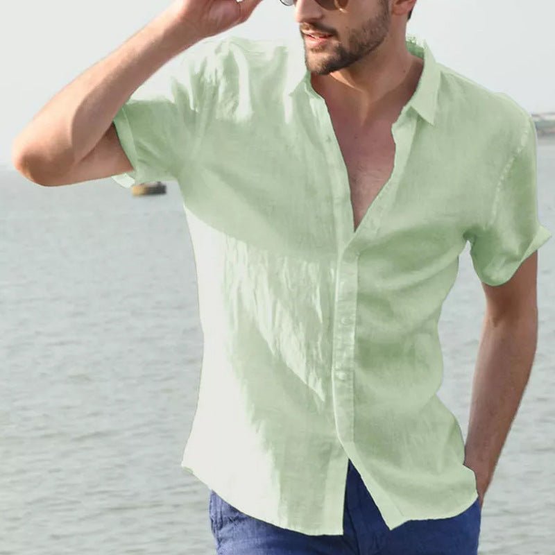 Mens Short Sleeve Casual Shirt With Button Front Lapel Collar Lightweight Polyester Breathable Everyday Wear - FASHIONS STOP