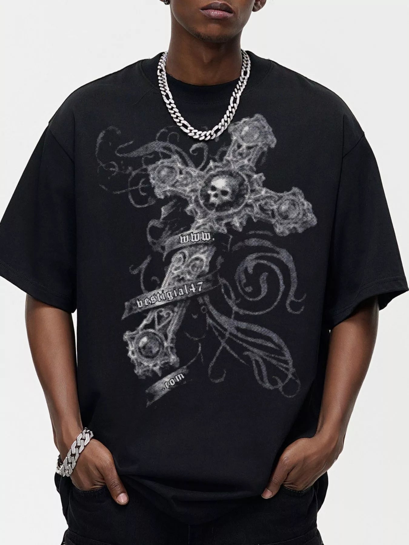 Mens Skull Cross Graphic Tee Oversized With Slightly Stretchy Cotton Blend For Everyday Wear - FASHIONS STOP