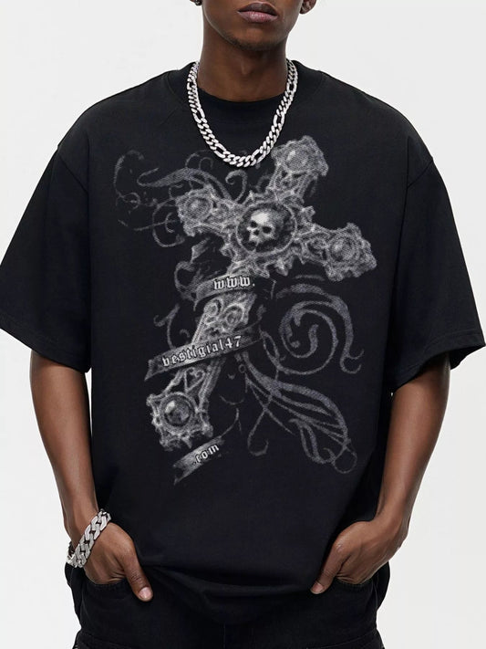 Mens Skull Cross Graphic Tee Oversized With Slightly Stretchy Cotton Blend For Everyday Wear - FASHIONS STOP
